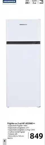 Selgros HEINNER Frigider cu 2 uşi HF-H2206E++ Ofertă