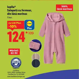 Lupilu® Salopetă cu fermoar, din lână merinos