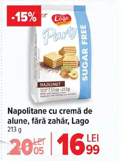 Carrefour Napolitane cu cremă de alune, fără zahăr, Lago Ofertă