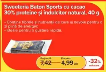 Sweeteria Baton Sports cu cacao 30% proteine şi îndulcitor natural