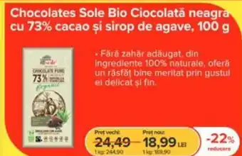 Chocolates Sole Bio Ciocolată neagra cu 73% cacao şi sirop de agave