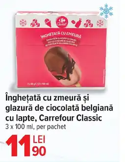 Carrefour îngheţată cu zmeură şi glazură de ciocolată belgiană cu lapte, Carrefour Classic Ofertă