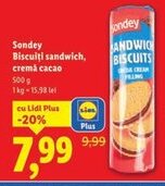 Lidl Sondey Biscuiți sandwich, cremă cacao Ofertă