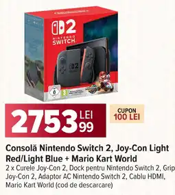 Carrefour Consolǎ Nintendo Switch 2, Joy-Con Light Red/Light Blue + Mario Kart World Ofertă
