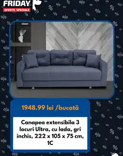 Dedeman Canapea extensibila 3 locuri Ultra, cu lada, gri inchis, 222x105x75cm, Ofertă