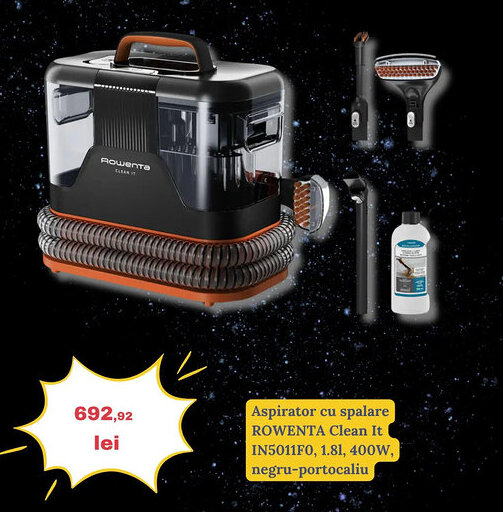Media Galaxy Aspirator cu spalare ROWENTA Clean It IN5011F0, 1.81, 400W, negru-portocaliu Ofertă