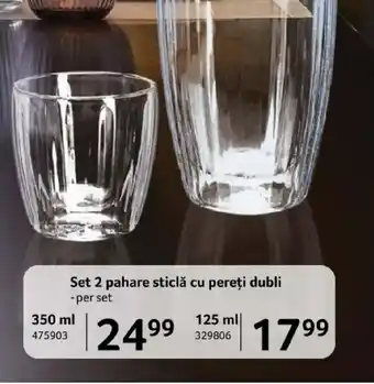 Set 2 pahare sticlă cu pereţi dubli