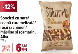 Carrefour Soocitzi cu sare/ ceapă caramelizată/ roşii şi chimen/ măsline şi rozmarin, Alka Ofertă