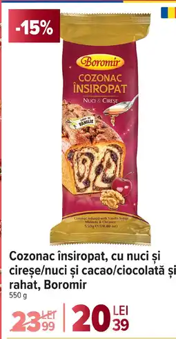 Carrefour Market Cozonac însiropat, cu nuci şi cireșe/nuci și cacao/ciocolată şi rahat, Boromir Ofertă