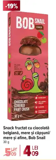 Carrefour Market Snack fructat cu ciocolată belgiană, mere şi căpşuni/ mere şi afine, Bob Snail Ofertă