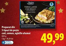 Lidl Deluxe Preparat din 3 tipuri de peşte cod, somon, eglefin afumat Ofertă