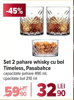 Carrefour Set 2 pahare whisky cu bol Timeless, Pasabahce Ofertă