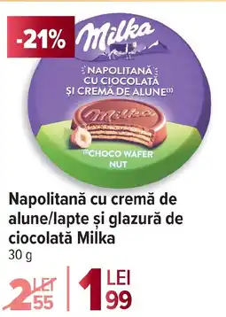 Carrefour Market Napolitană cu cremă de alune/lapte şi glazură de ciocolată Milka Ofertă