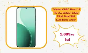 Telefon OPPO Reno 14 FS 5G, 512GB, 12GB RAM, Dual SIM, Luminous Green