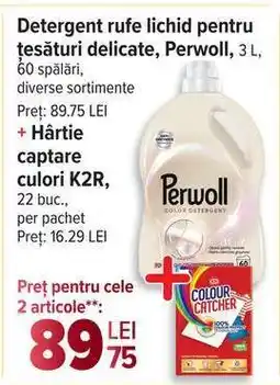 Carrefour Detergent rufe lichid Perwoll + Hârtie captare culori K2R Ofertă