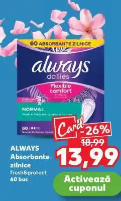 Kaufland ALWAYS Absorbante zilnice fresh&protect 60 buc Ofertă