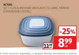 Auchan ACTUEL Set 5 cutii alimentare din plastic cu capac, pătrate Ofertă