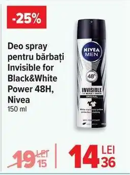 Carrefour Deo spray pentru bărbați Invisible for Black&White Power 48H, Nivea Ofertă