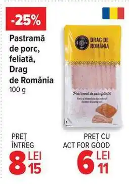 Carrefour Pastramă de porc, feliată, Drag de România 100 g Ofertă