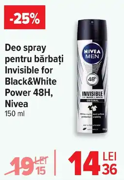 Carrefour Market Deo spray pentru bărbaţi Invisible for Black&White Power 48H, Nivea Ofertă