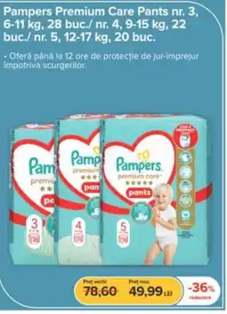 Dr.Max Pampers Premium Care Pants nr. 3, 6-11 kg, 28 buc./ nr. 4, 9-15 kg, 22 buc./ nr. 5, 12-17 kg, 20 buc. Ofertă