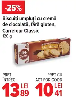 Carrefour Biscuiți umpluți cu cremă de ciocolată, fără gluten, Carrefour Classic Ofertă
