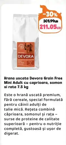 Animax Hrana uscata Devora Grain Free Mini Adult cu caprioara, somon si rata Ofertă