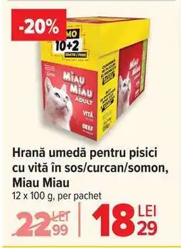 Carrefour Hrană umedă pentru pisici cu vită în sos/curcan/somon, Miau Miau Ofertă