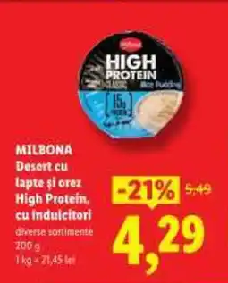 Lidl MILBONA Desert cu lapte şi orez High Protein, cu indulcitori Ofertă
