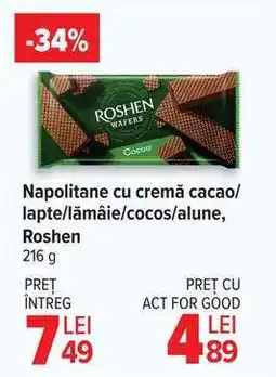 Carrefour Napolitane cu cremă cacao/lapte/lămâie/cocos/alune, Roshen Ofertă