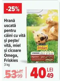 Carrefour Hrană uscată pentru câini cu vită și pește/vită, miel și cicoare Omega, Friskies Ofertă