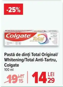 Carrefour Pastă de dinți Total Original/Whitening/Total Anti-Tartru, Colgate Ofertă
