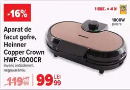 Carrefour Aparat de făcut gofre Heinner Copper Crown HWF-1000CR Ofertă