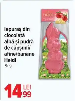 Carrefour Iepuraș din ciocolată albă și pudră de căpșuni/afine/banane, Heidi Ofertă