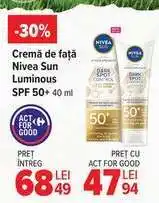 Carrefour Cremă de față Nivea Sun Luminous SPF 50+ 40 ml Ofertă