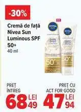 Carrefour Cremă de față Nivea Sun Luminous SPF 50+ Ofertă