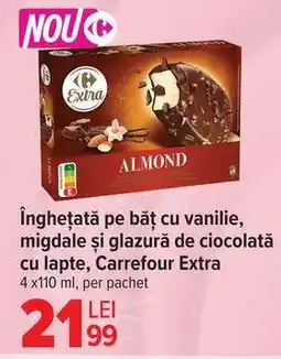 Carrefour Înghețată pe băț cu vanilie, migdale și glazură de ciocolată cu lapte, Carrefour Extra Ofertă