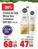 Carrefour Cremă de față Nivea Sun Luminous SPF 50+ 40 ml Ofertă