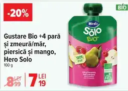 Carrefour Gustare Bio +4 pară și zmeură/măr, piersică și mango, Hero Solo Ofertă