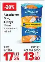 Carrefour Absorbante Duo, Always Ofertă