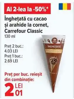 Carrefour Înghețată cu cacao și arahide la cornet, Carrefour Classic Ofertă