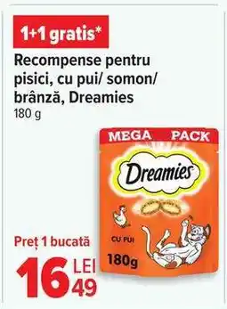 Carrefour Recompense pentru pisici, cu pui/ somon/ brânză, Dreamies Ofertă