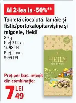 Carrefour Tabletă ciocolată, lămâie și fistic/portokalopita/vișine și migdale, Heidi Ofertă