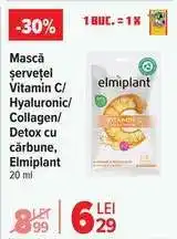 Carrefour Mască șervețel Vitamin C/ Hyaluronic/ Collagen/ Detox cu cărbune, Elmiplant Ofertă