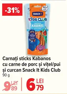 Carrefour Carnaţi sticks Kabanos cu carne de porc şi viţel/pui si curcan Snack It Kids Club Ofertă