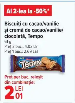 Carrefour Biscuiți cu cacao/vanilie și cremă de cacao/vanilie/ciocolată, Tempo Ofertă