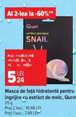 Carrefour Mască de față hidratantă pentru îngrijire cu extract de melc, Quret Ofertă