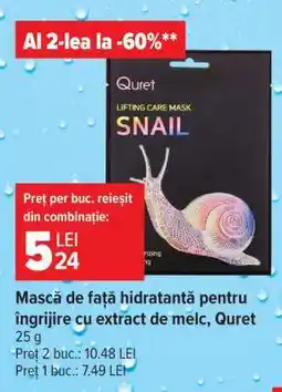 Carrefour Mască de față hidratantă cu extract de melc, Quret Ofertă