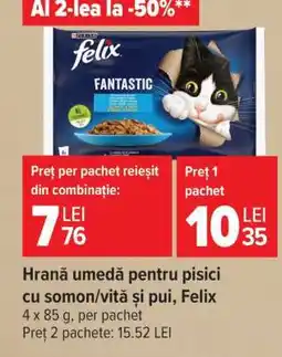 Carrefour Hrană umedă pentru pisici cu somon/vită și pui, Felix Ofertă