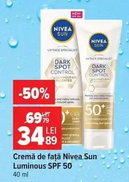 Carrefour Cremă de față Nivea Sun Luminous SPF 50+ Ofertă